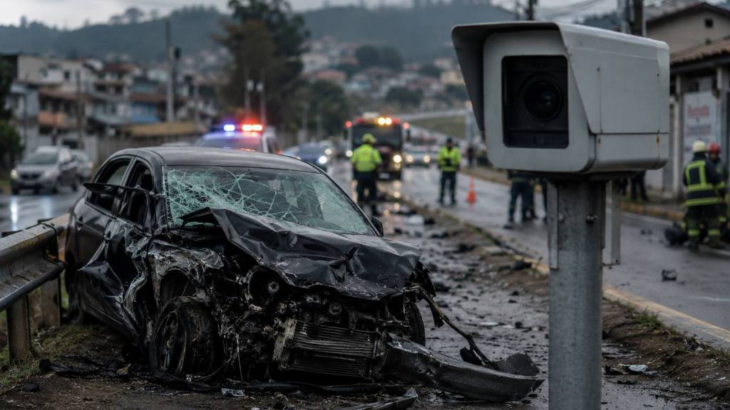 Accidente urbano en día lluvioso, fotoradar, Generada por IA / ChatGPT