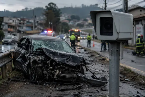 Accidente urbano en día lluvioso, fotoradar ,Generada por IA / ChatGPT